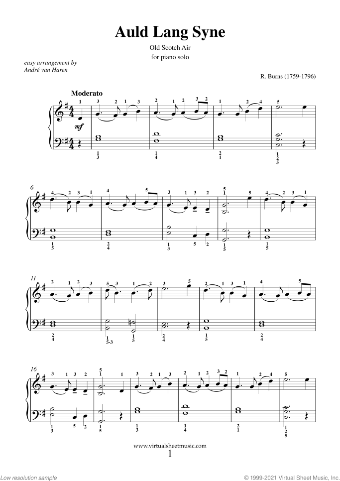 Auld Lang Syne (simplified) sheet music for piano solo by Robert Burns, classical score, easy skill level