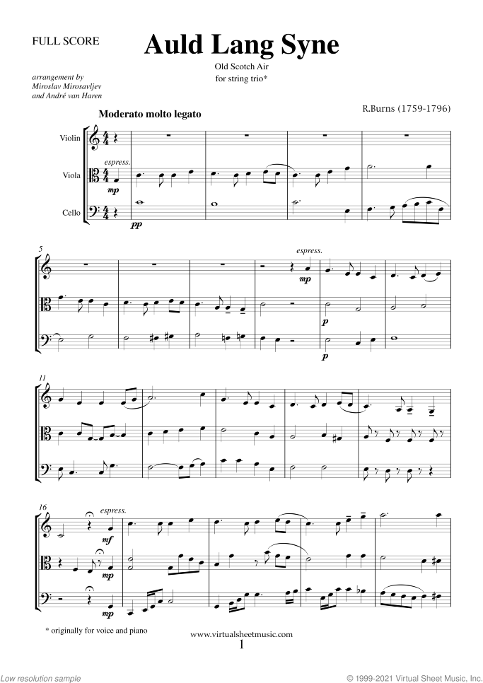 Auld Lang Syne sheet music for string trio by Robert Burns, classical score, intermediate skill level