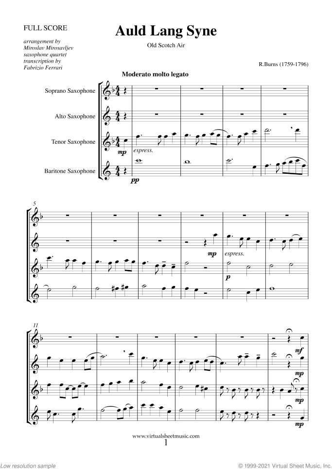 Auld Lang Syne sheet music for saxophone quartet by Robert Burns, classical score, intermediate skill level