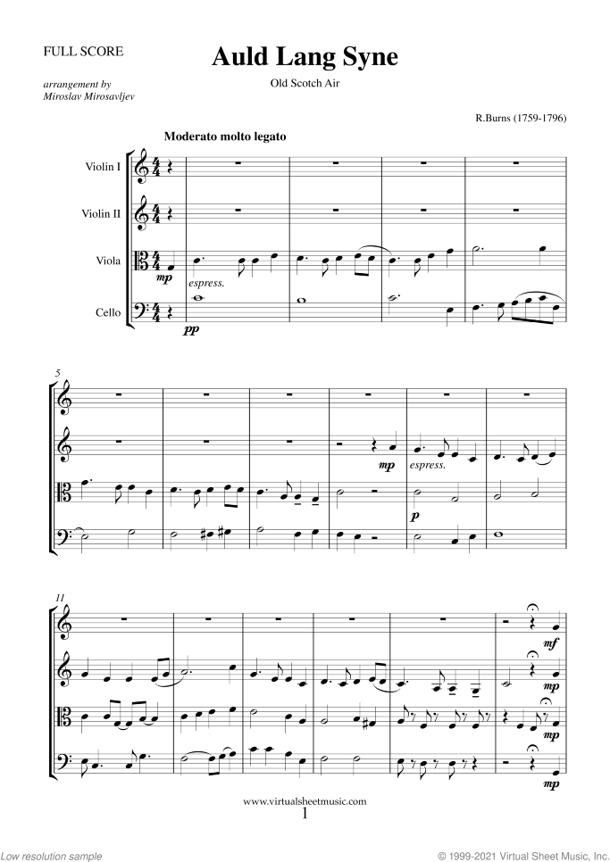 Auld Lang Syne sheet music for string quartet by Robert Burns, classical score, intermediate skill level