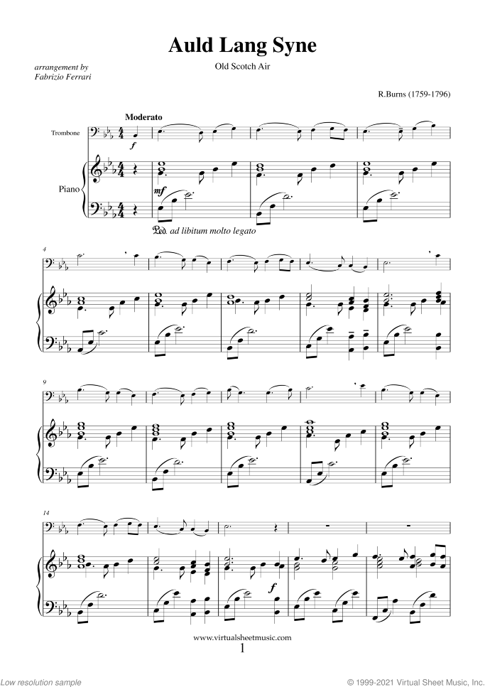 Auld Lang Syne sheet music for trombone and piano by Robert Burns, classical score, easy/intermediate skill level