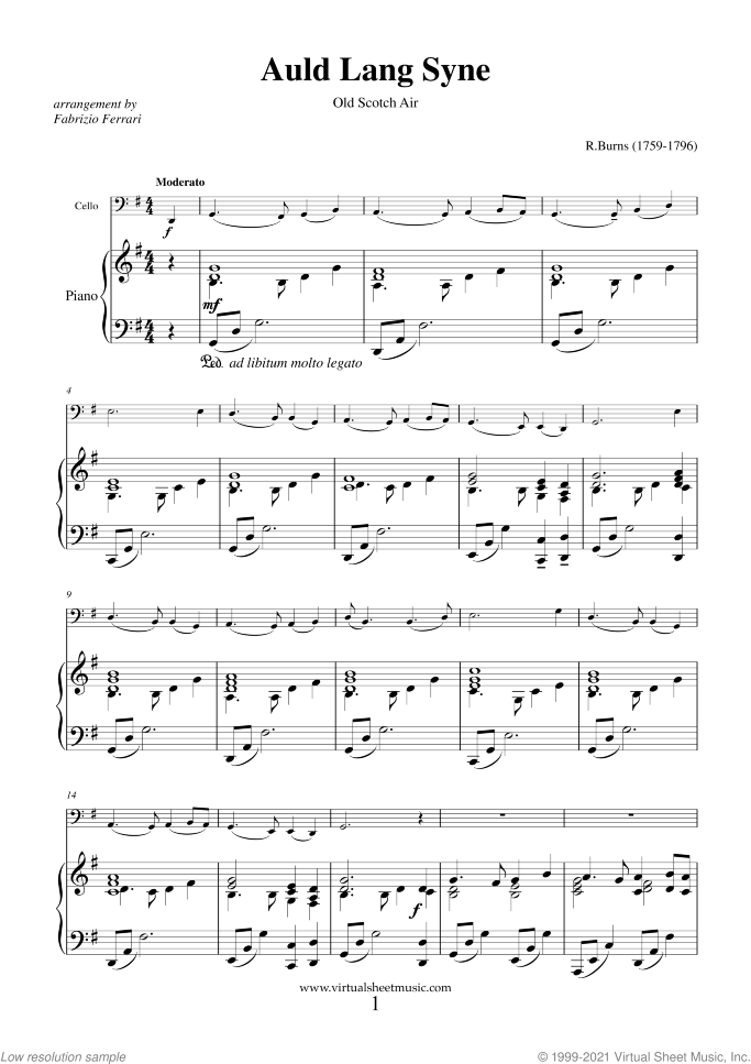 Auld Lang Syne sheet music for cello and piano by Robert Burns, classical score, easy/intermediate skill level