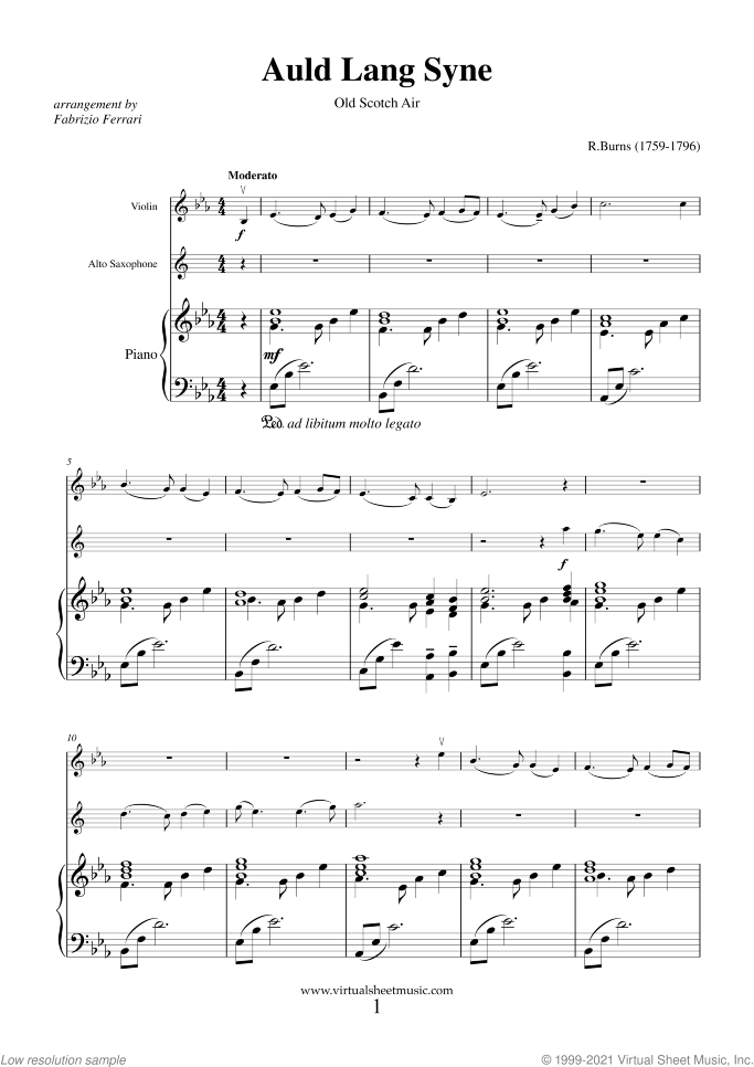 Auld Lang Syne sheet music for violin, alto saxophone and piano by Robert Burns, classical score, easy/intermediate duet