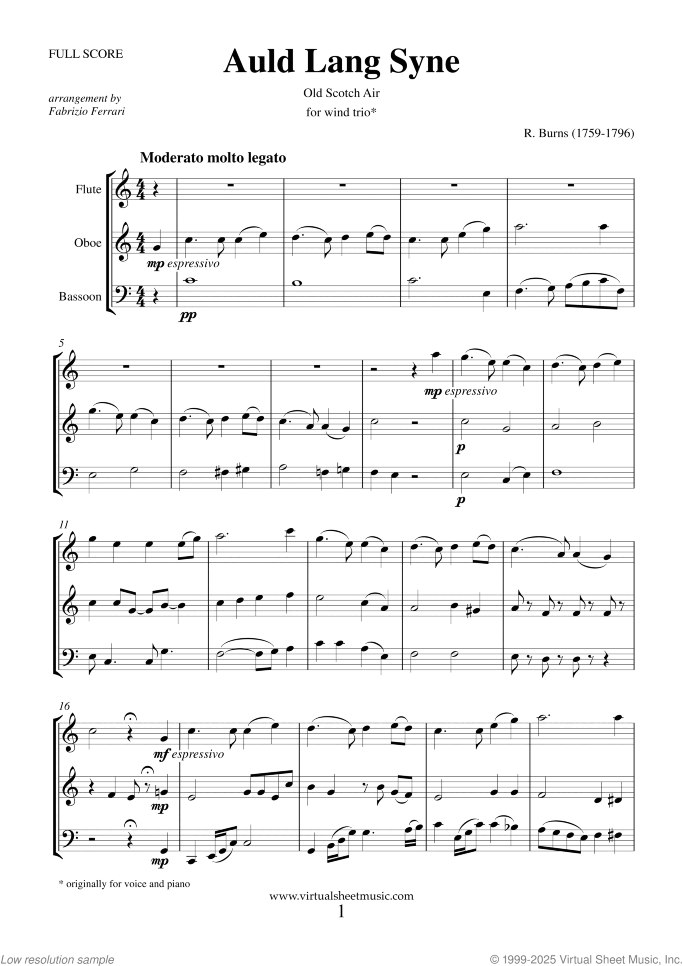 Auld Lang Syne sheet music for wind trio by Robert Burns, classical score, intermediate skill level