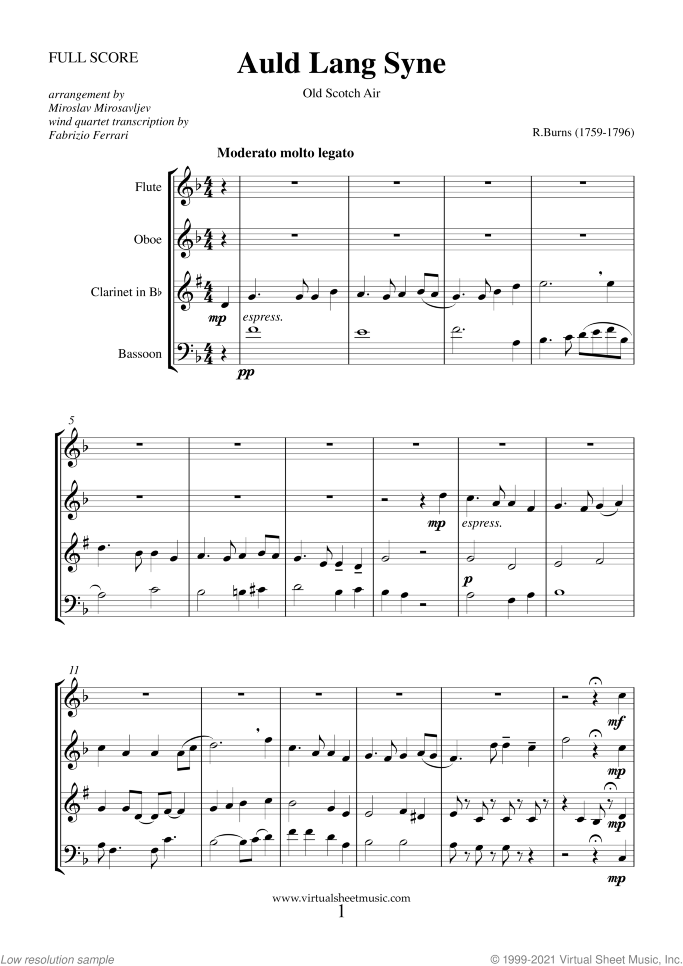 Auld Lang Syne sheet music for wind quartet by Robert Burns, classical score, intermediate skill level