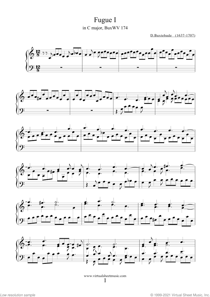 Three Fugues sheet music for organ solo by Dietrich Buxtehude, classical score, intermediate skill level