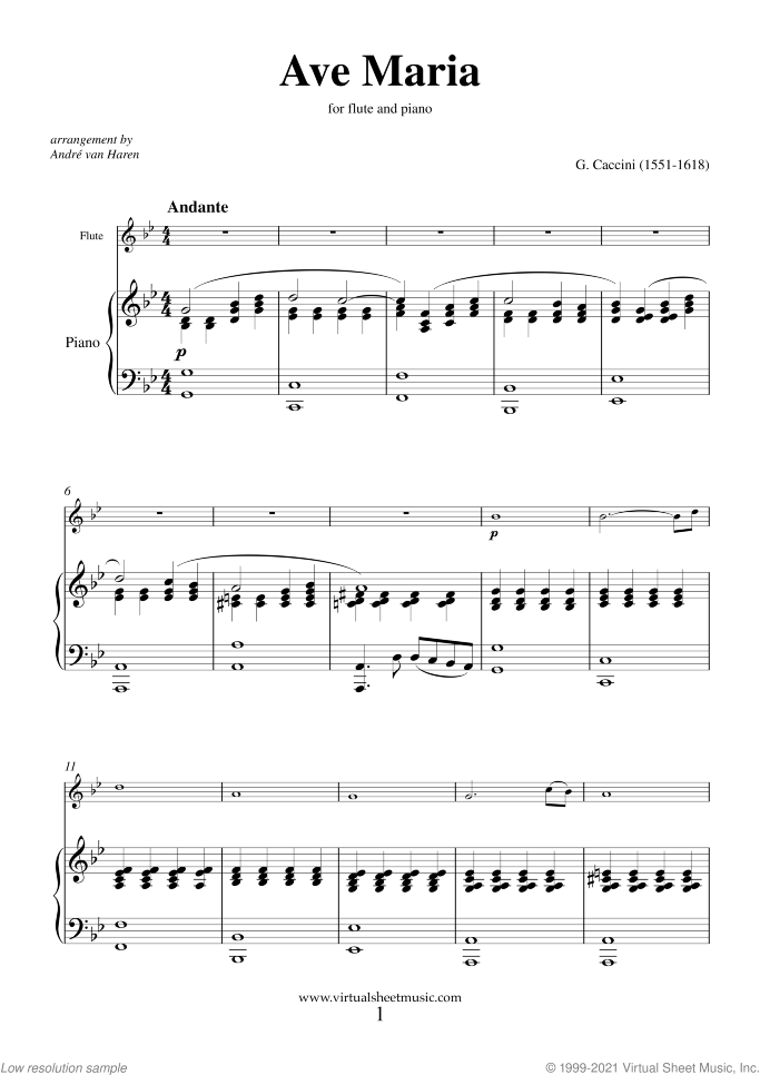 Ave Maria sheet music for flute and piano by Giulio Caccini, classical wedding score, easy/intermediate skill level