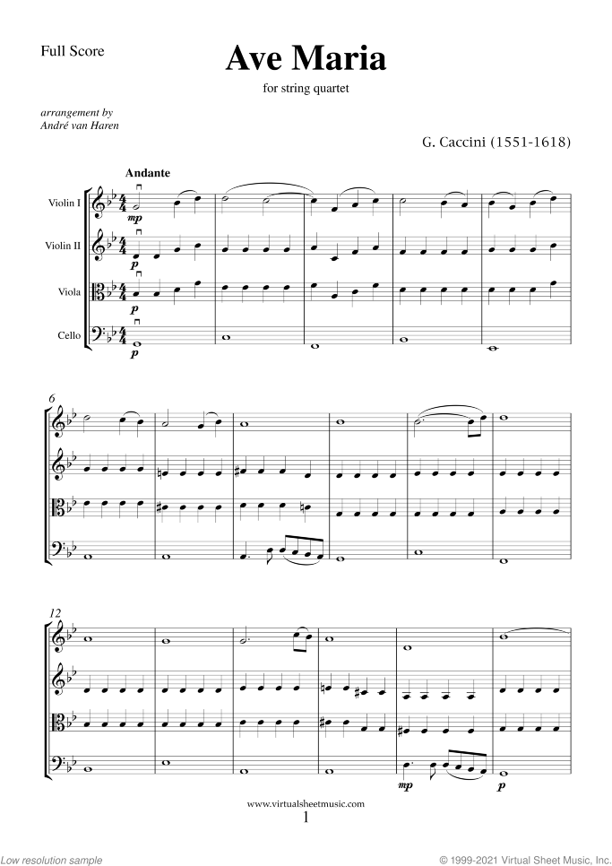 Ave Maria (COMPLETE) sheet music for string quartet by Giulio Caccini, classical wedding score, easy/intermediate skill level