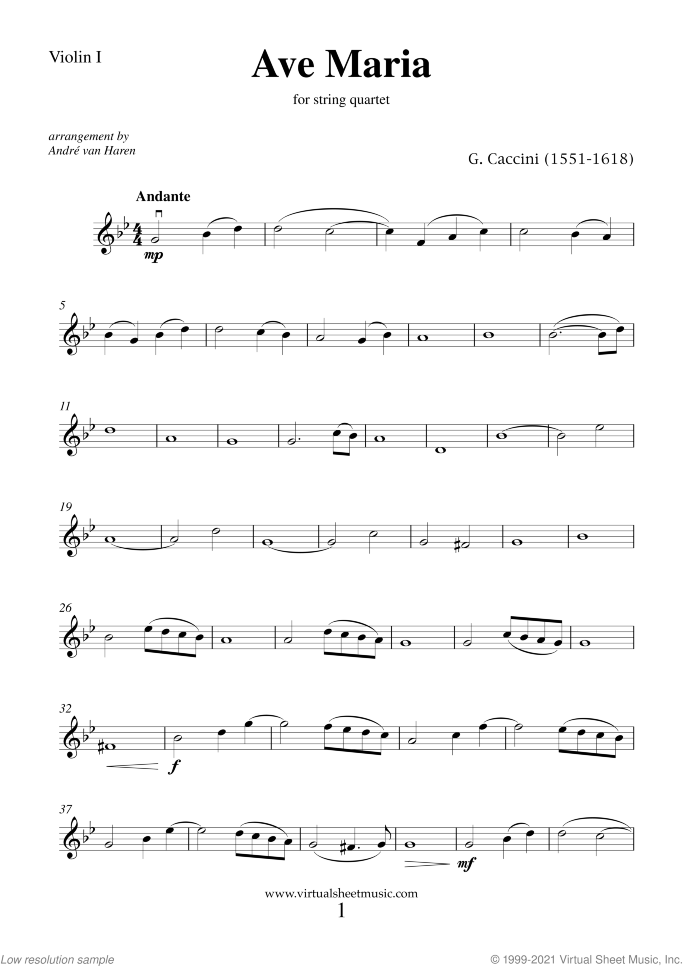 Ave Maria (parts) sheet music for string quartet by Giulio Caccini, classical wedding score, easy/intermediate skill level