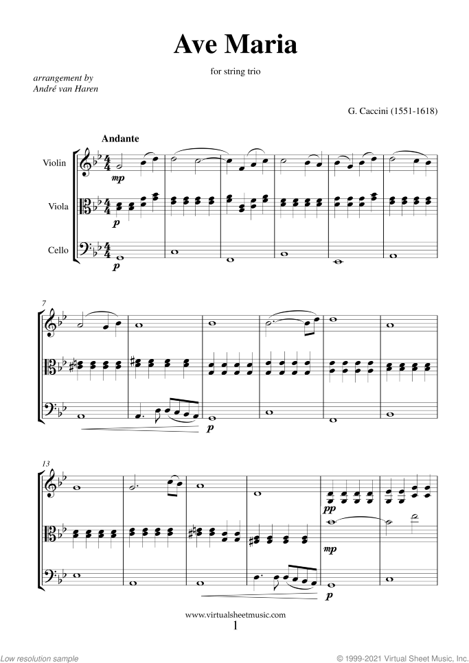 Ave Maria (COMPLETE) sheet music for string trio by Giulio Caccini, classical wedding score, intermediate skill level