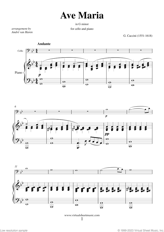 Ave Maria sheet music for cello and piano by Giulio Caccini, classical wedding score, easy/intermediate skill level