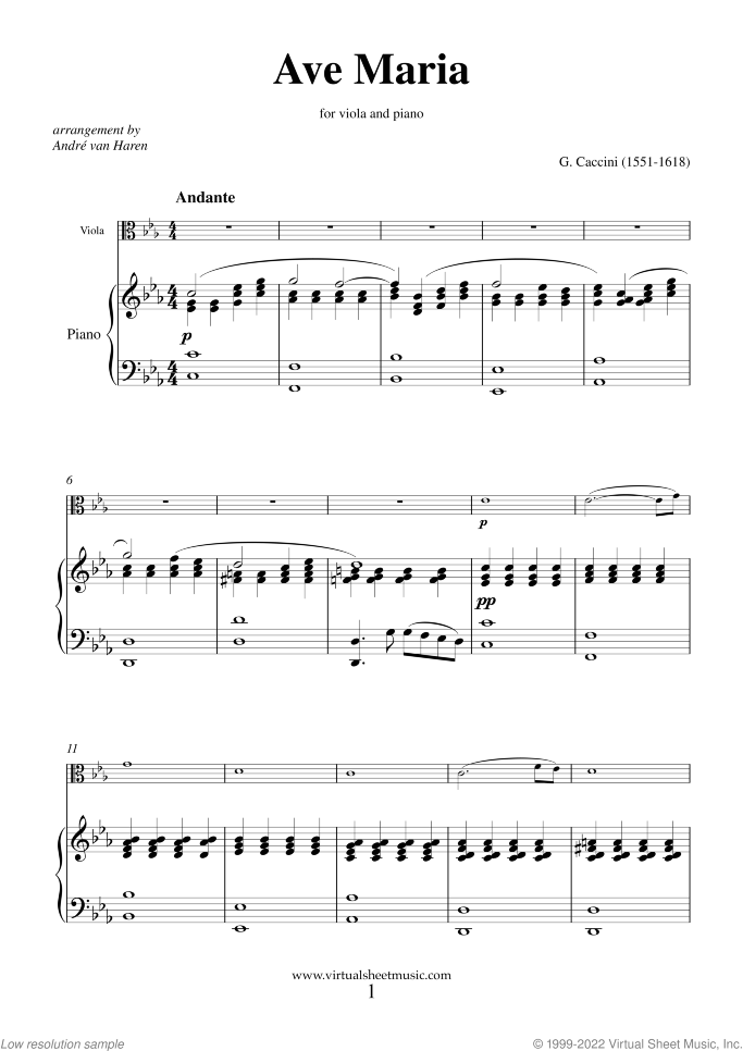 Ave Maria sheet music for viola and piano by Giulio Caccini, classical wedding score, easy/intermediate skill level