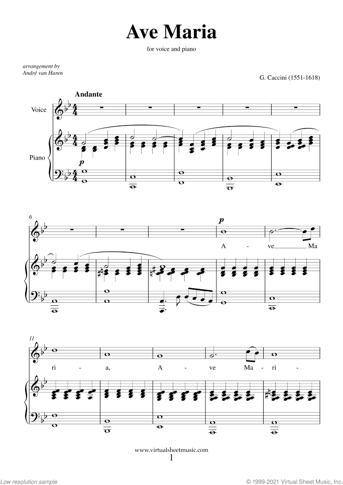 Ave Maria sheet music for voice and piano by Giulio Caccini, classical wedding score, easy/intermediate skill level