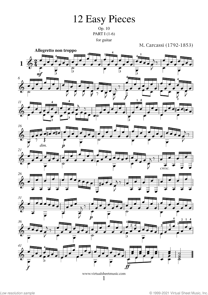 12 Easy Pieces Op.10 sheet music for guitar solo by Matteo Carcassi, classical score, intermediate skill level