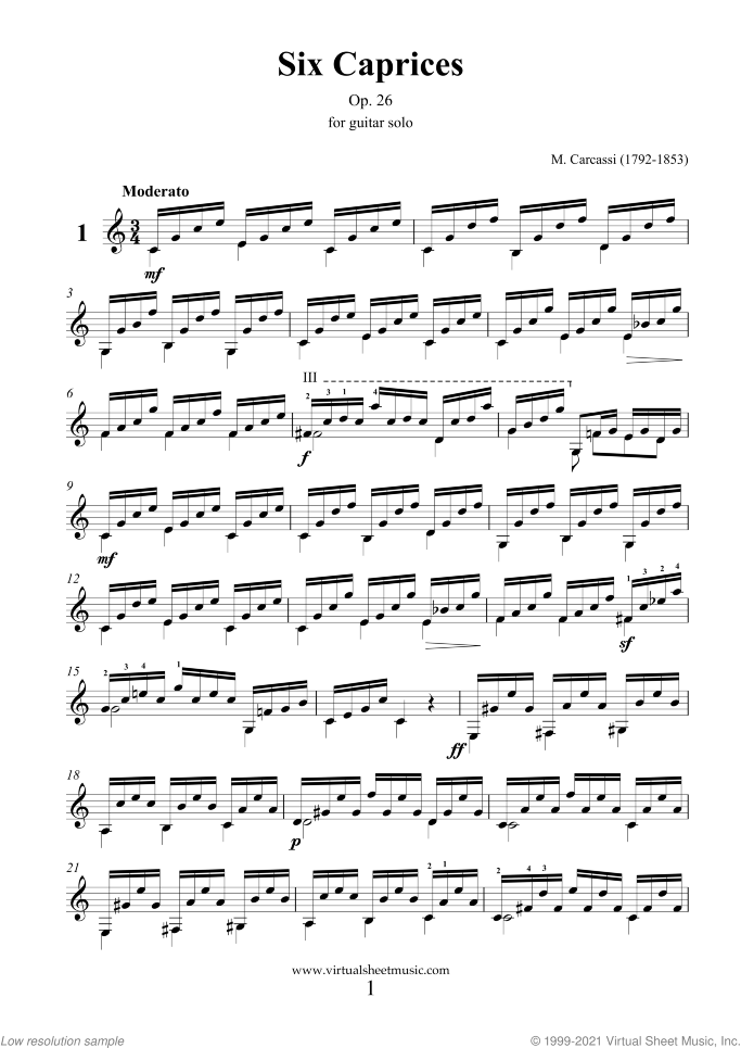 Caprices sheet music for guitar solo by Matteo Carcassi, classical score, intermediate skill level