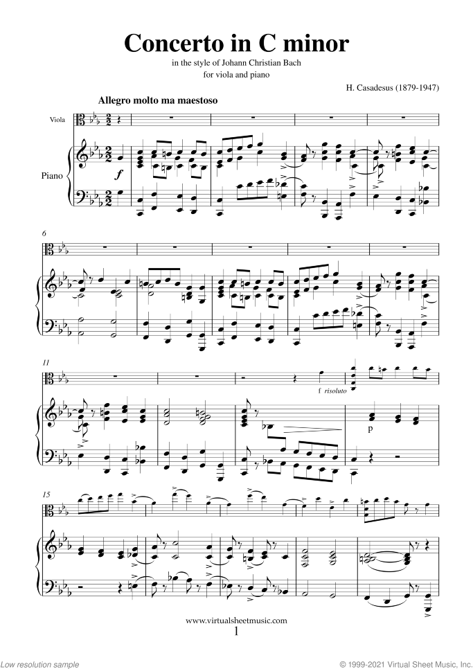 Concerto in C minor sheet music for viola and piano by Henry Casadesus, classical score, intermediate/advanced skill level