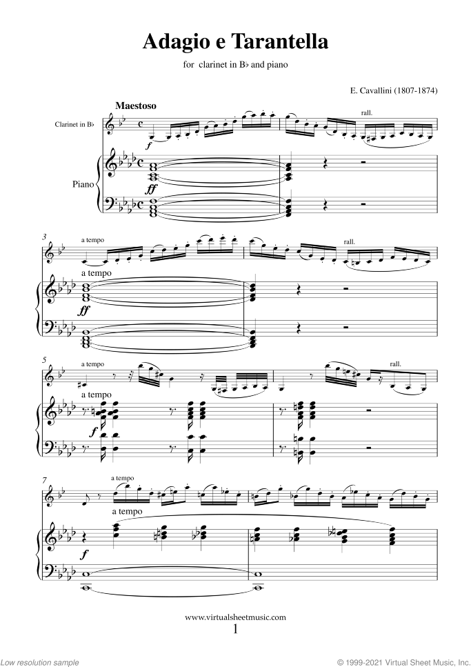 Adagio e Tarantella sheet music for clarinet and piano by Ernesto Cavallini, classical score, intermediate/advanced skill level