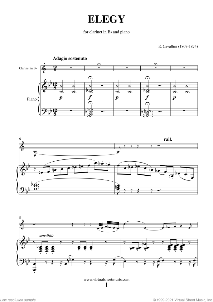 Elegy sheet music for clarinet and piano by Ernesto Cavallini, classical score, intermediate/advanced skill level