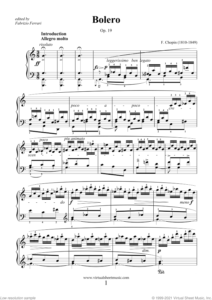 Bolero Op.19 sheet music for piano solo by Frederic Chopin, classical score, advanced skill level