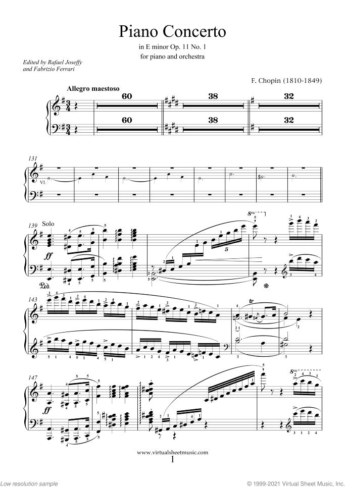 Concerto in E minor Op.11 No.1 sheet music for piano and orchestra by Frederic Chopin, classical score, advanced skill level