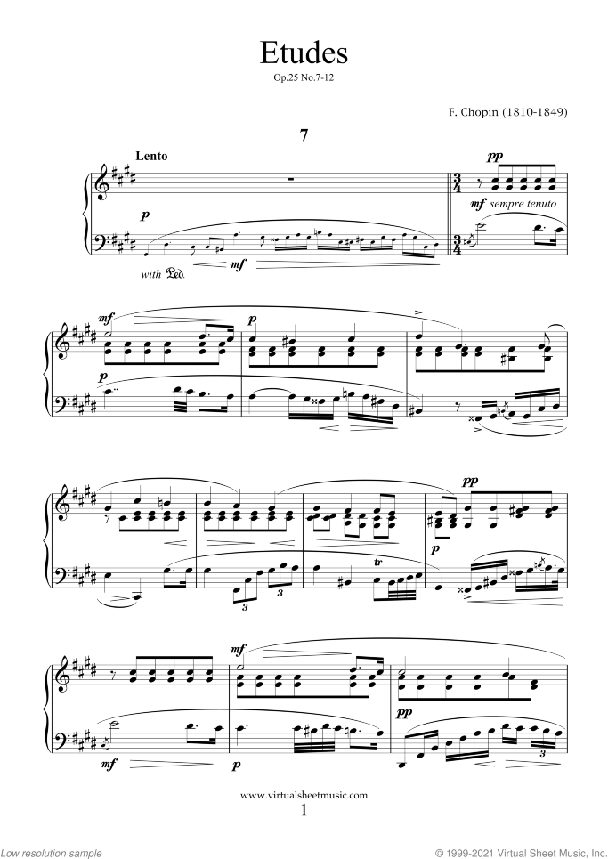 Etudes Op.25 No.7-12 sheet music for piano solo by Frederic Chopin, classical score, advanced skill level