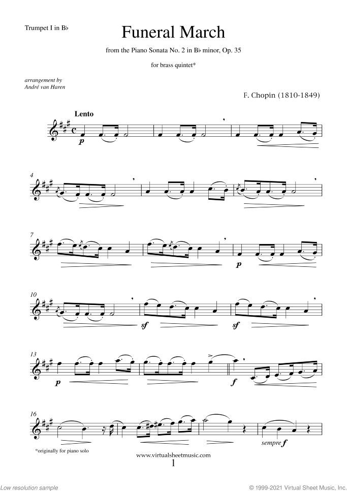Funeral March (parts) sheet music for brass quintet by Frederic Chopin, classical score, intermediate skill level