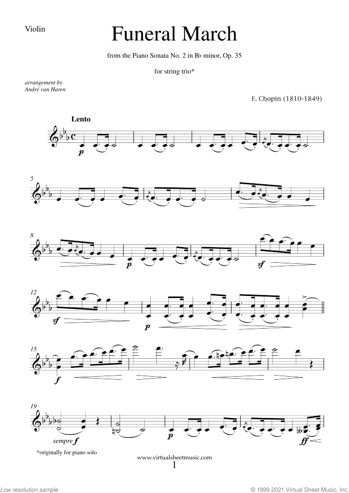 Funeral March (parts) sheet music for string trio by Frederic Chopin, classical score, intermediate/advanced skill level