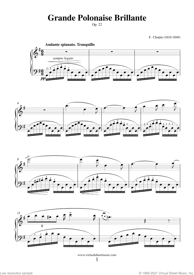 Grande Polonaise Brillante with Andante Spianato Op.22 sheet music for piano solo by Frederic Chopin, classical score, advanced skill level