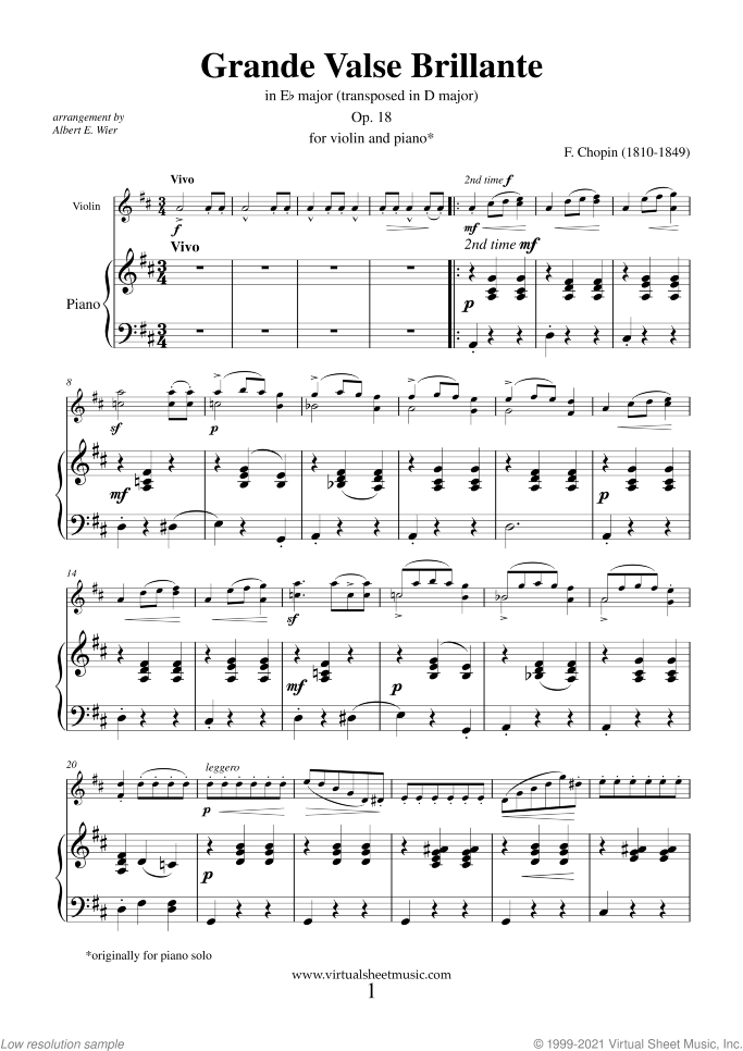 Grande Valse Brillante Op.18 sheet music for violin and piano by Frederic Chopin, classical score, advanced skill level