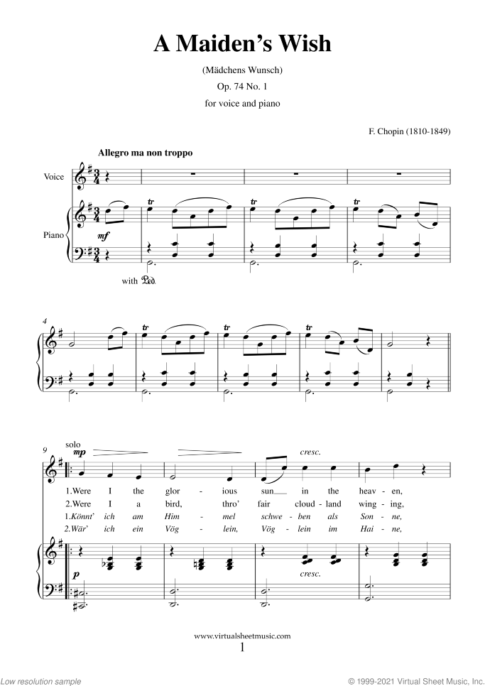 A Maiden's Wish sheet music for voice and piano by Frederic Chopin, classical score, easy/intermediate skill level