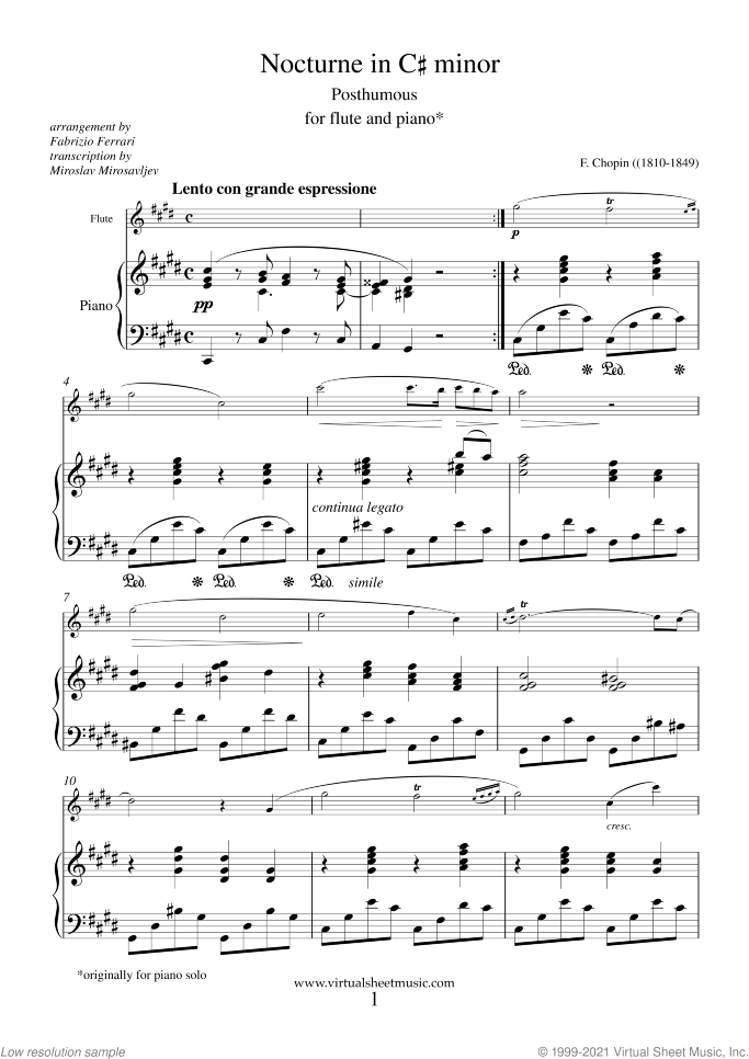 Nocturne in C# minor (Posth.) sheet music for flute and piano by Frederic Chopin, classical score, intermediate/advanced skill level