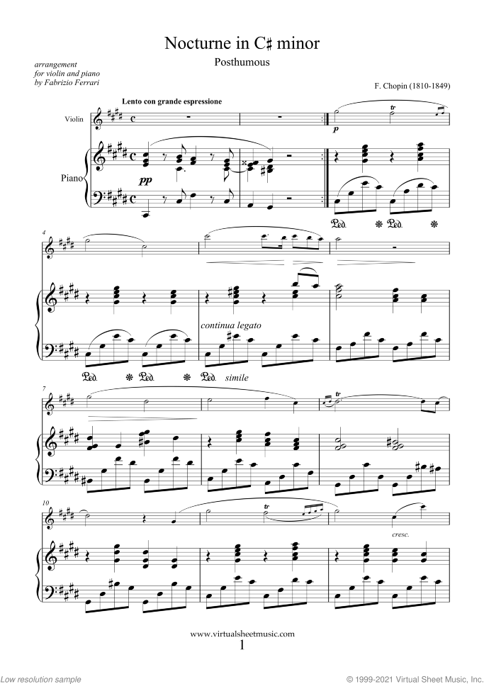 Nocturne in C sharp minor (Posth.) sheet music for violin and piano by Frederic Chopin, classical score, intermediate/advanced skill level