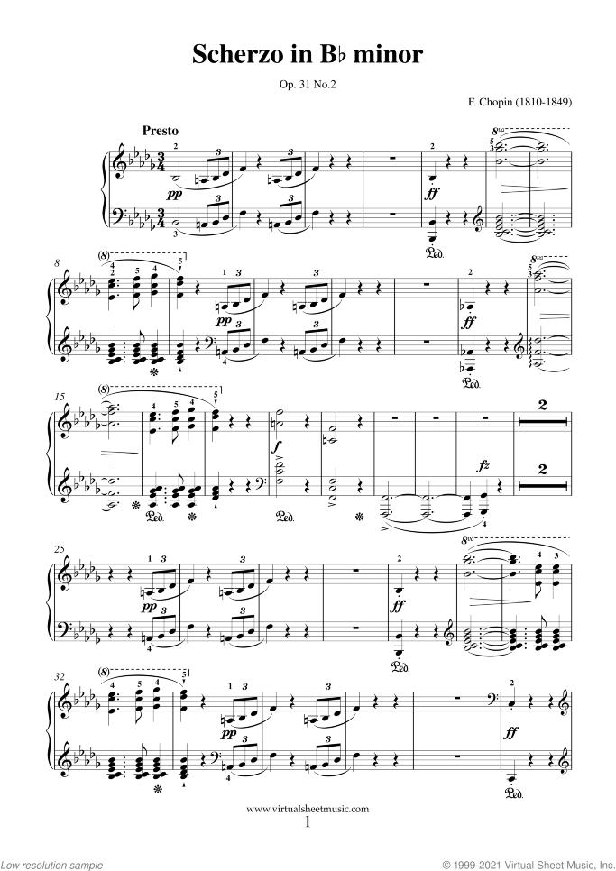 Scherzo in B flat minor Op. 31 No. 2 sheet music for piano solo by Frederic Chopin, classical score, advanced skill level