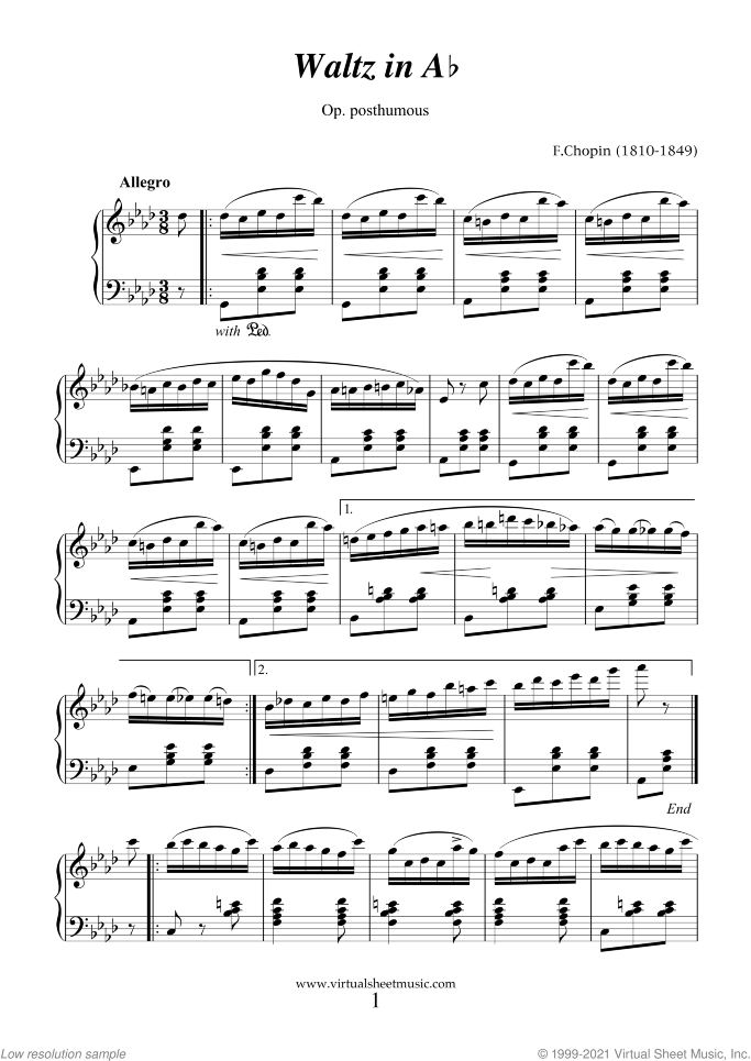 Waltzes (collection 4) sheet music for piano solo by Frederic Chopin, classical score, intermediate skill level