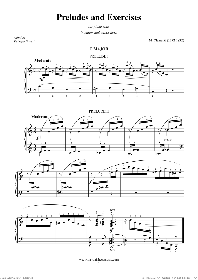Preludes and Excercises sheet music for piano solo by Muzio Clementi, classical score, intermediate skill level