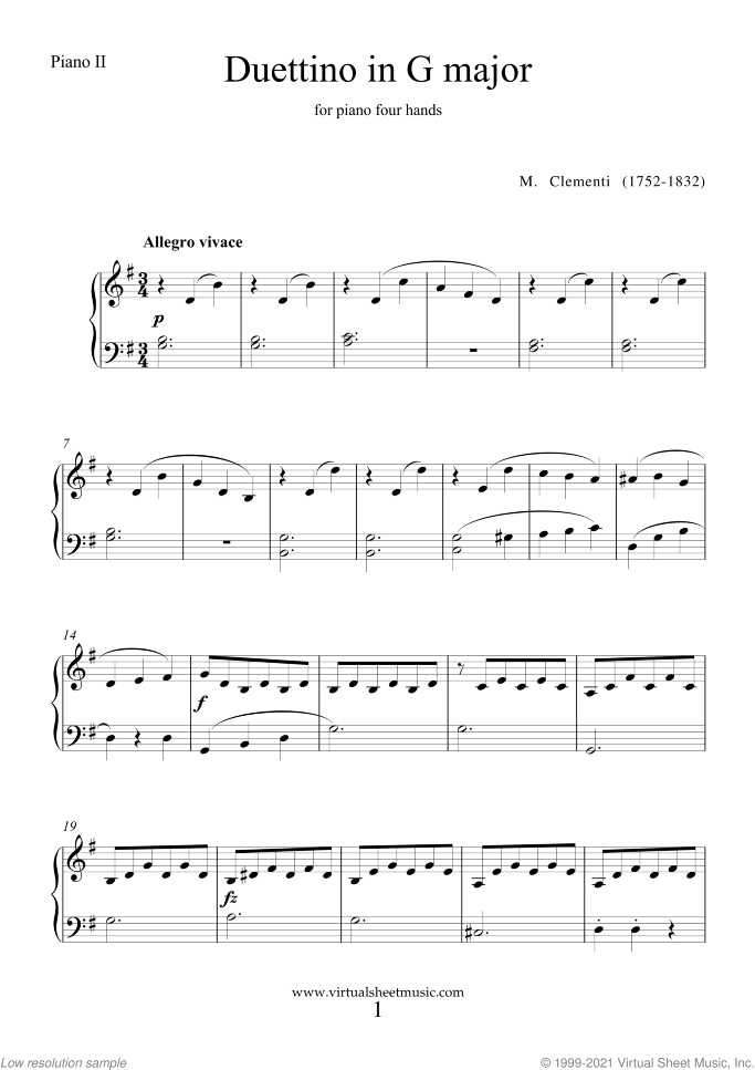 Duettino No.2 in G major sheet music for piano four hands by Muzio Clementi, classical score, easy skill level