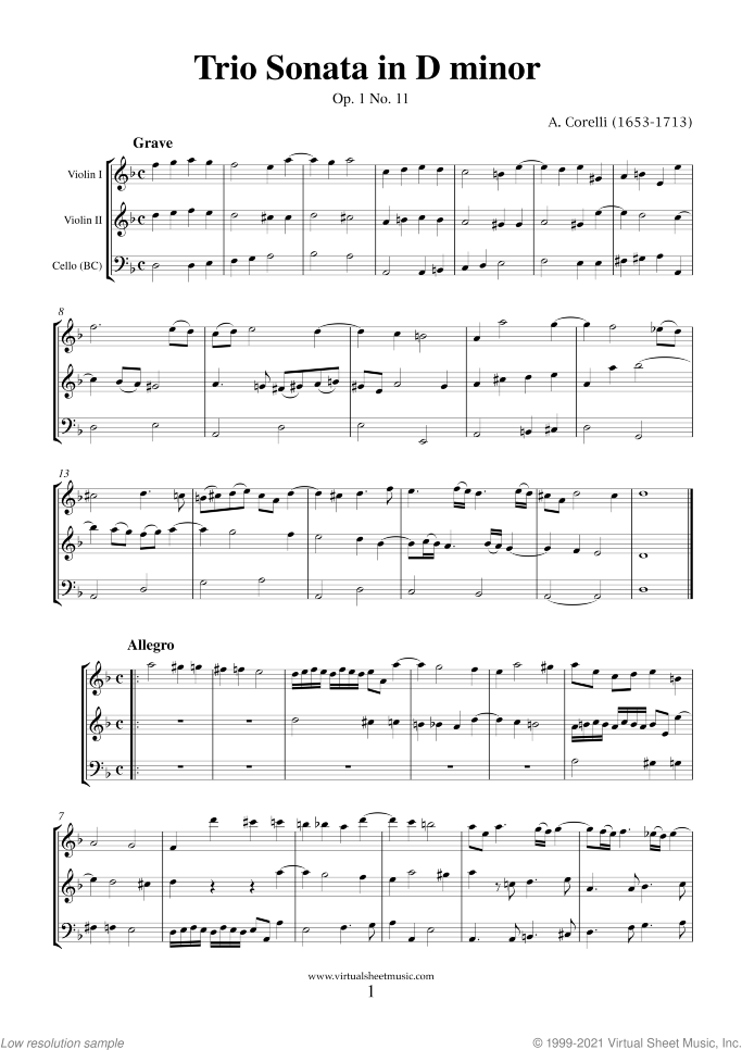 Trio Sonata in D minor Op.1 No.11 (COMPLETE) sheet music for two violins and cello by Arcangelo Corelli, classical score, intermediate skill level