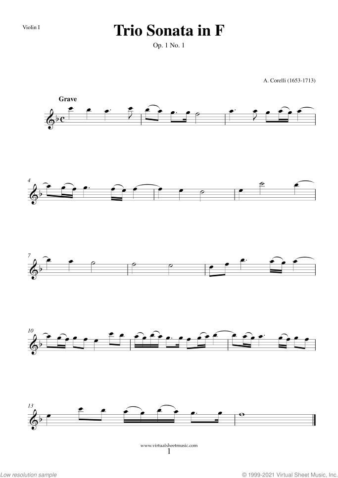 Trio Sonata in F major Op.1 No.1 (parts) sheet music for two violins and cello by Arcangelo Corelli, classical score, intermediate skill level