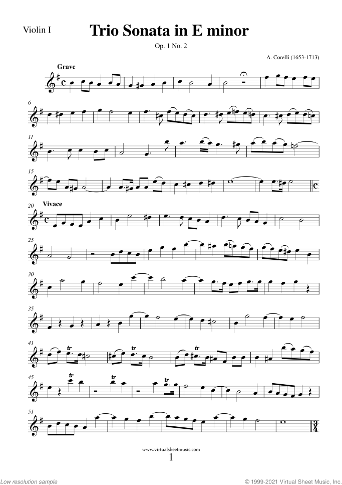 Trio Sonata in E minor Op.1 No.2 (parts) sheet music for two violins and cello by Arcangelo Corelli, classical score, intermediate skill level