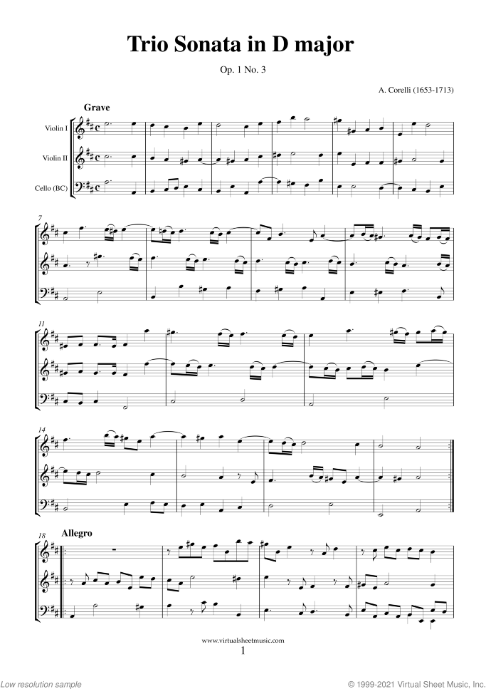 Trio Sonata in D major Op.1 No.3 (f.score) sheet music for two violins and cello by Arcangelo Corelli, classical score, intermediate skill level