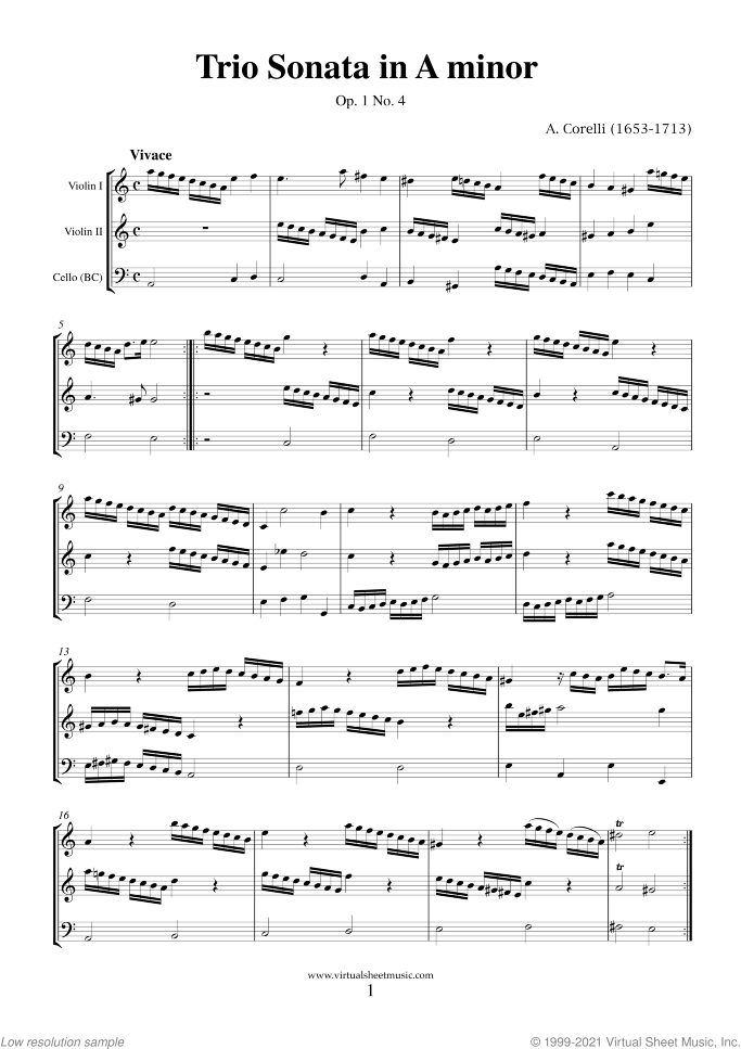 Trio Sonata in A minor Op.1 No.4 (COMPLETE) sheet music for two violins and cello by Arcangelo Corelli, classical score, intermediate skill level