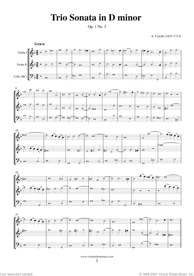 Trio Sonata in D minor Op.1 No.5 (COMPLETE) sheet music for two violins and cello by Arcangelo Corelli, classical score, intermediate skill level