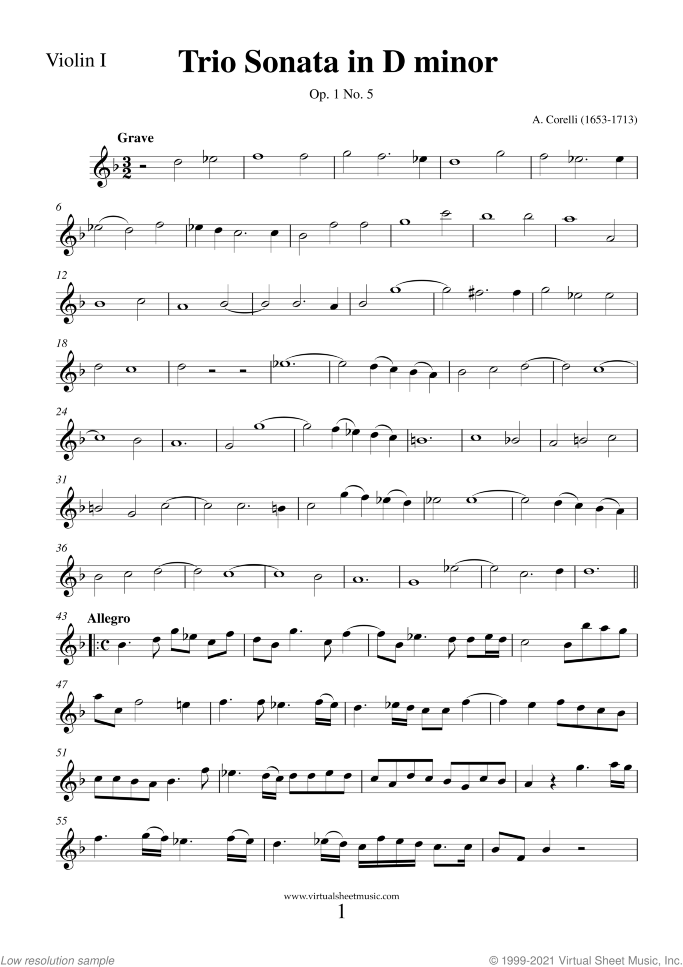 Trio Sonata in D minor Op.1 No.5 (parts) sheet music for two violins and cello by Arcangelo Corelli, classical score, intermediate skill level