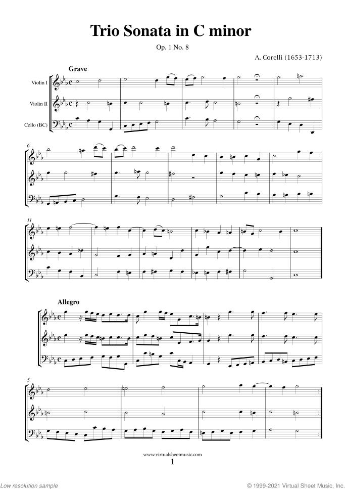 Trio Sonata in C minor Op.1 No.8 (COMPLETE) sheet music for two violins and cello by Arcangelo Corelli, classical score, intermediate skill level