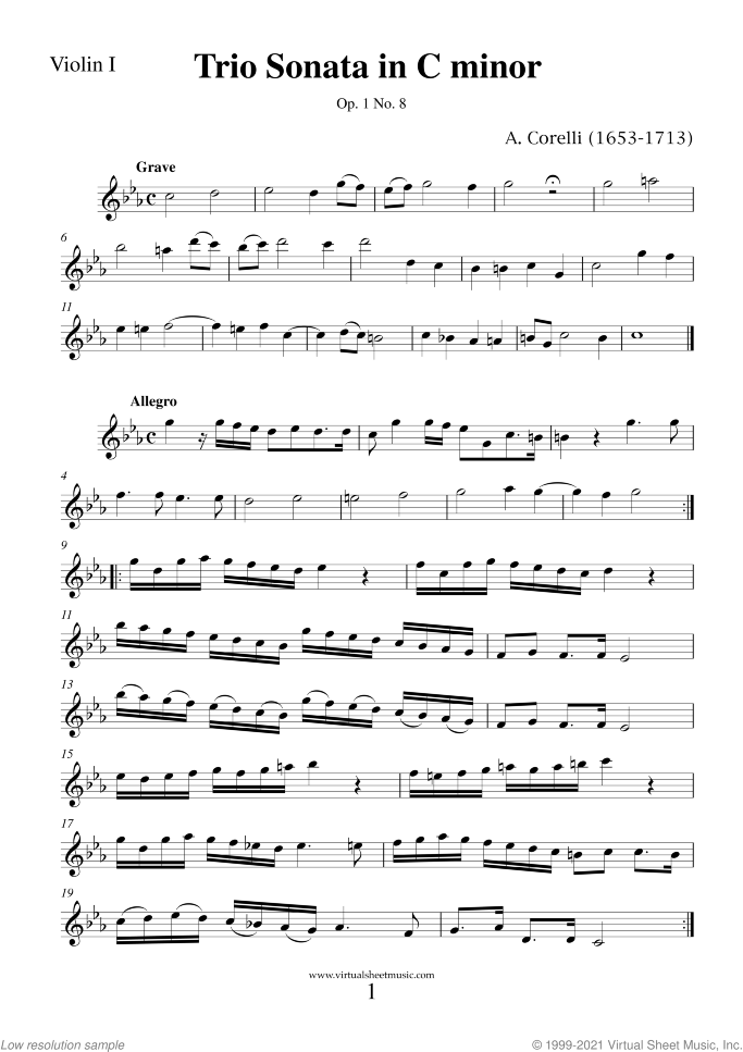 Trio Sonata in C major Op.1 No.8 (parts) sheet music for two violins and cello by Arcangelo Corelli, classical score, intermediate skill level