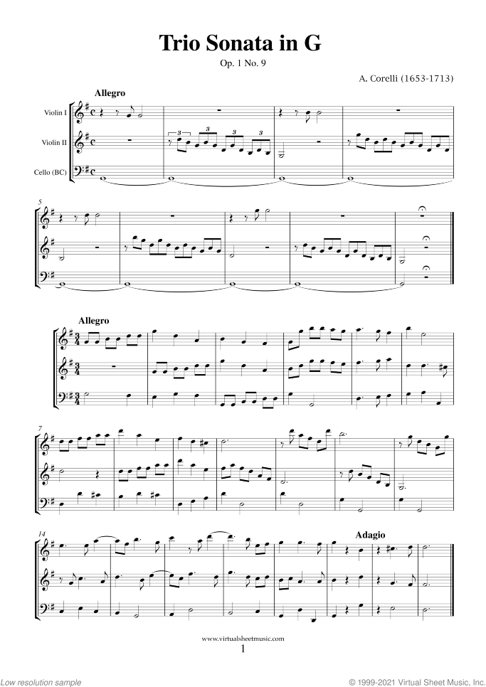 Trio Sonata in G major Op.1 No.9 (COMPLETE) sheet music for two violins and cello by Arcangelo Corelli, classical score, intermediate skill level