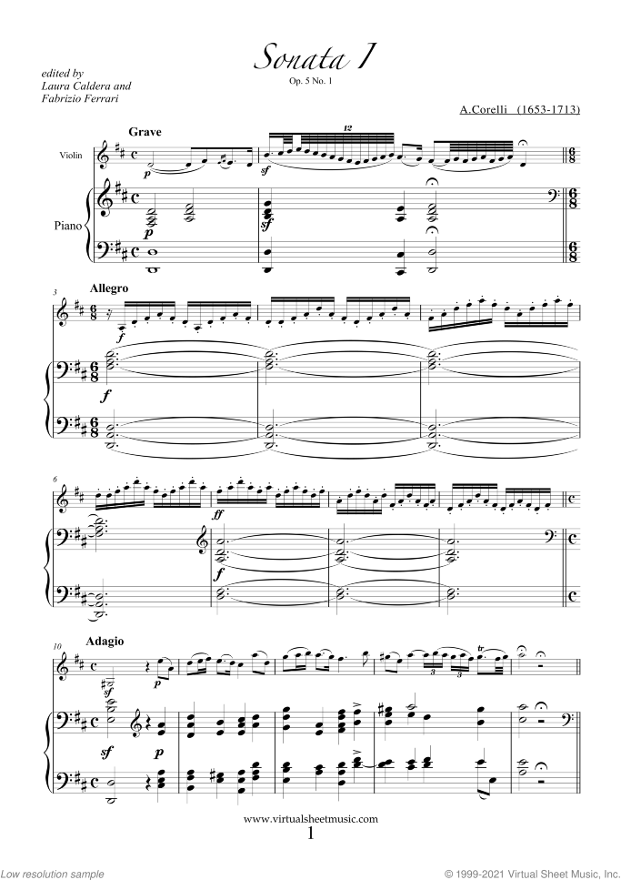 Sonata Op.5 No.1 sheet music for violin and piano by Arcangelo Corelli, classical score, intermediate skill level