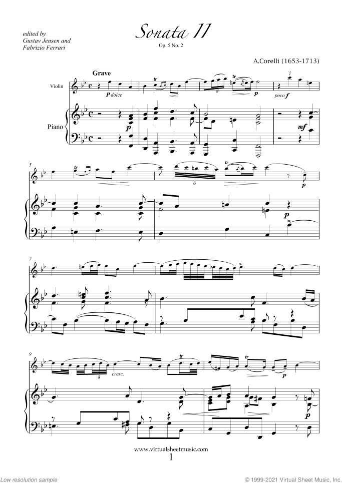 Sonata Op.5 No.2 sheet music for violin and piano by Arcangelo Corelli, classical score, intermediate skill level
