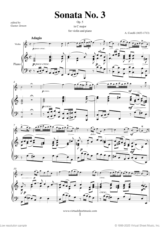 Sonata Op.5 No.3 sheet music for violin and piano by Arcangelo Corelli, classical score, intermediate skill level