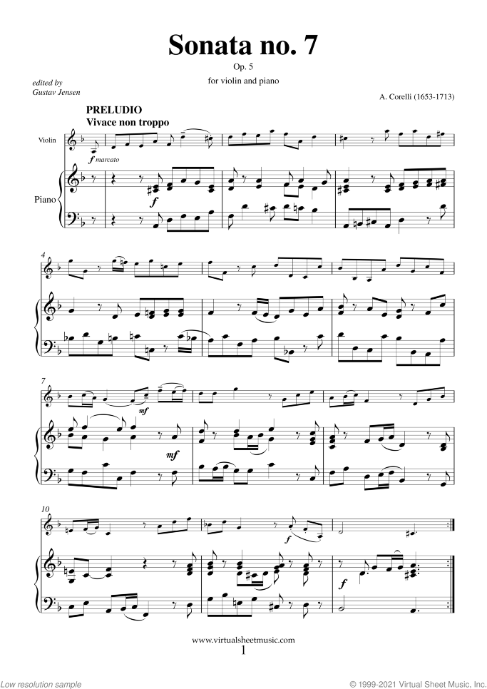 Sonata Op.5 No.7 sheet music for violin and piano by Arcangelo Corelli, classical score, intermediate skill level